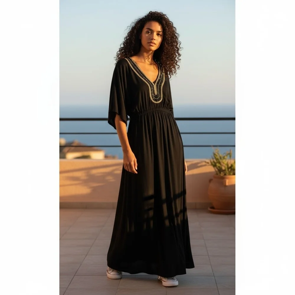 IMAN Beaded Neckline Maxi Dress Black Open Sleeve Size Med Tall NEW